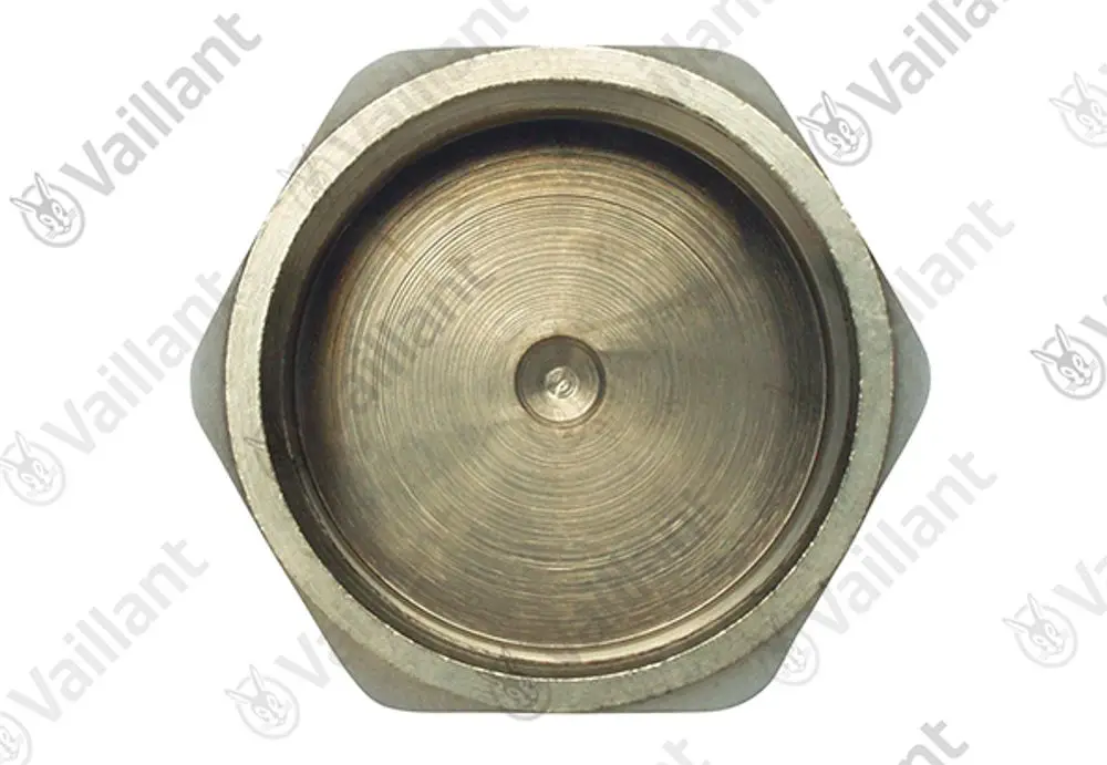 Metalldeckel mit hexagonalem Ansatz, vermutlich für ein Vaillant Produkt, mit glatter Innenfläche und mittigem Punkt.